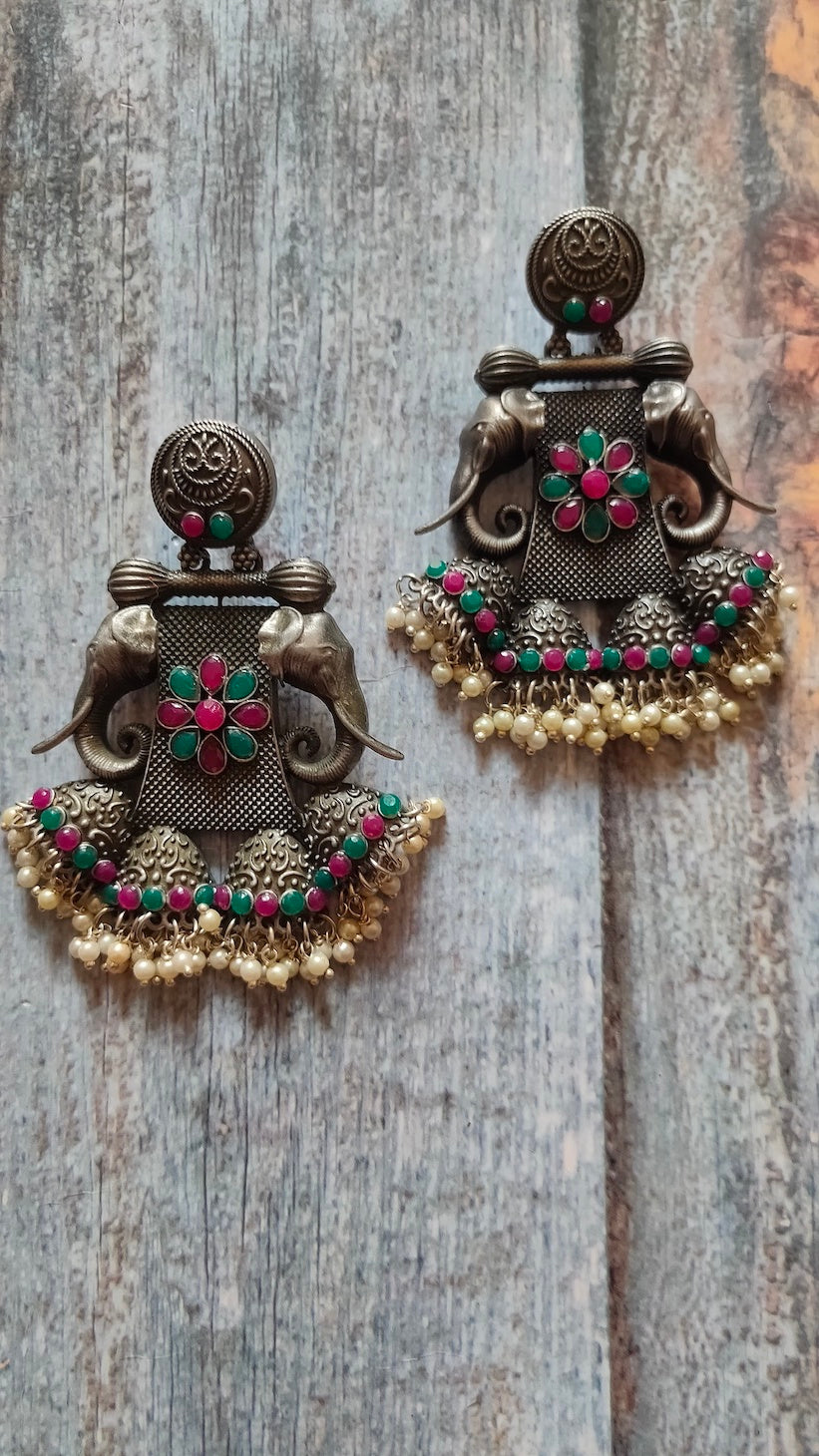 Red & Green Rhinestones Elephant Motif Elaborate Metal Earrings