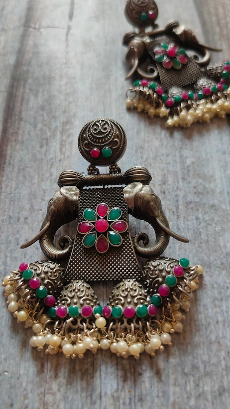 Red & Green Rhinestones Elephant Motif Elaborate Metal Earrings