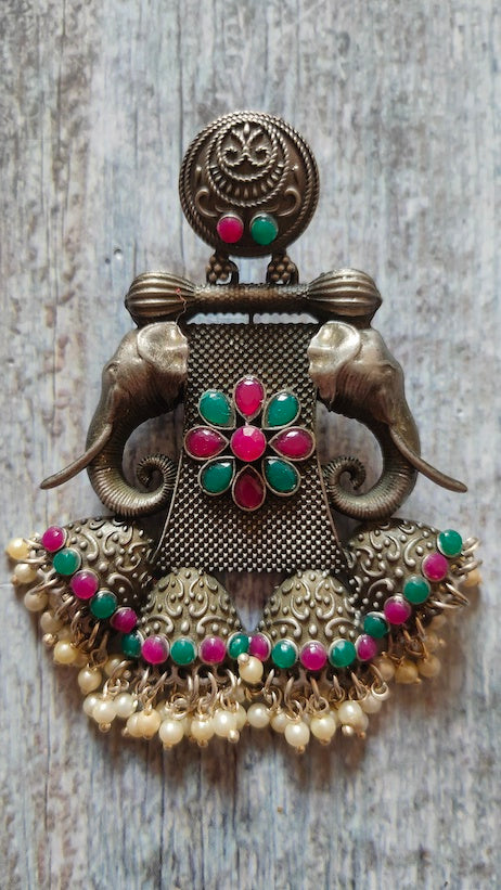 Red & Green Rhinestones Elephant Motif Elaborate Metal Earrings