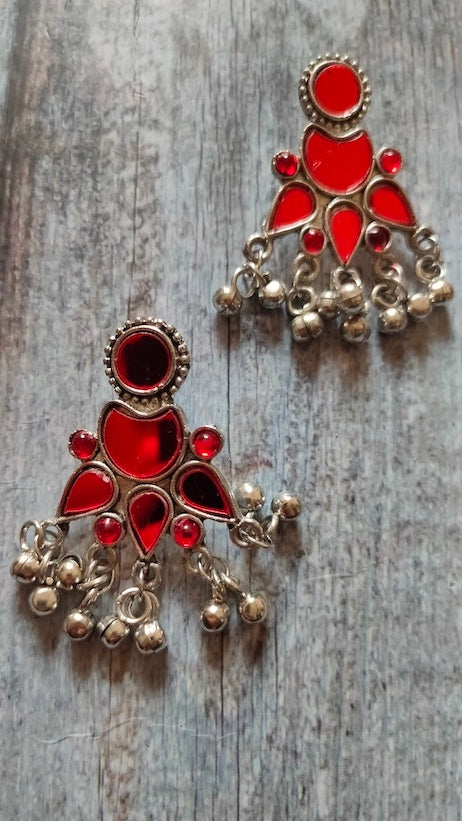 Red Stones Embedded Afghani Earrings