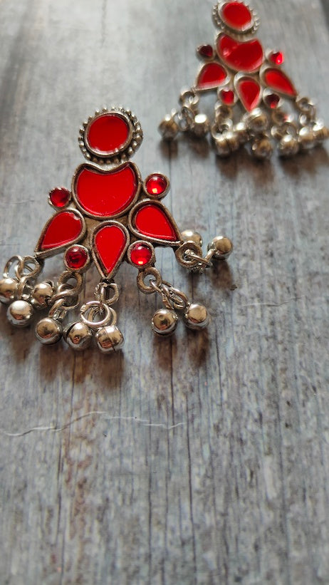 Red Stones Embedded Afghani Earrings
