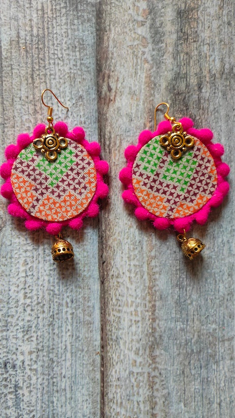 Fabric Earrings with Pom Pom Endings and Antique Gold Finish Jhumkas