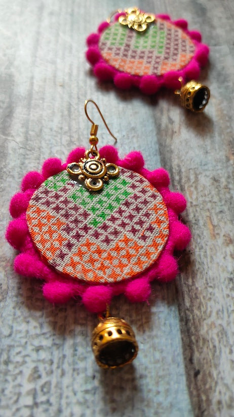 Fabric Earrings with Pom Pom Endings and Antique Gold Finish Jhumkas