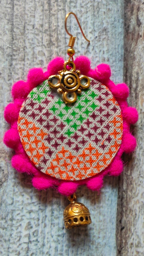 Fabric Earrings with Pom Pom Endings and Antique Gold Finish Jhumkas