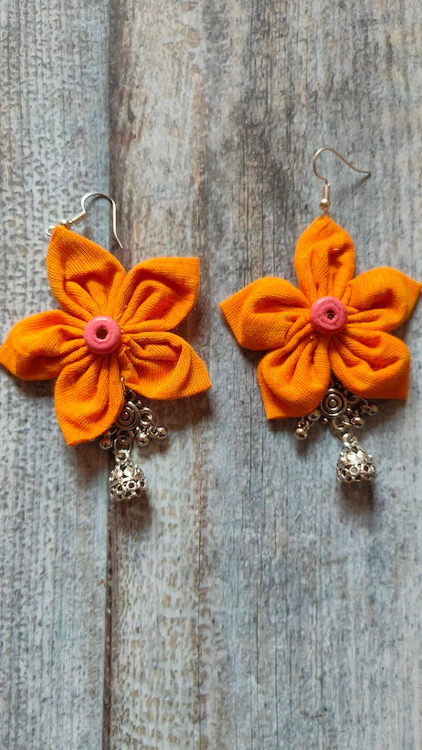 Yellow Flower Shaped Fabric Earrings with Jhumka Ends