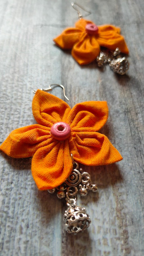 Yellow Flower Shaped Fabric Earrings with Jhumka Ends