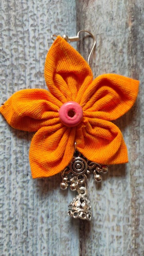 Yellow Flower Shaped Fabric Earrings with Jhumka Ends