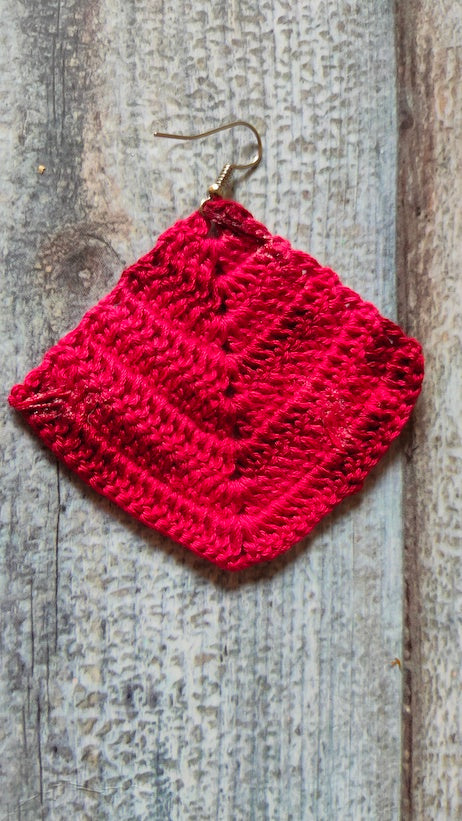 Red Hand Knitted Crochet Earrings