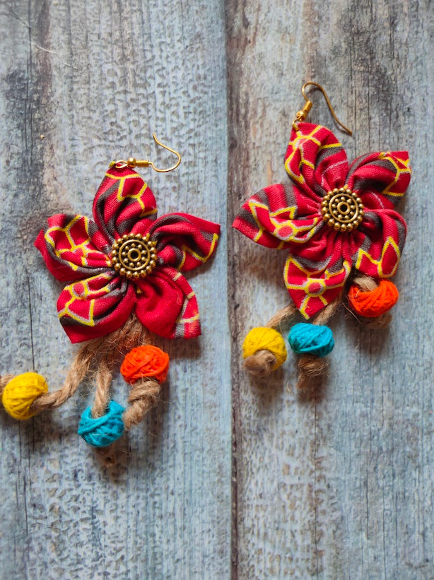 Red Flower Shaped Fabric Earrings with Jute Strings