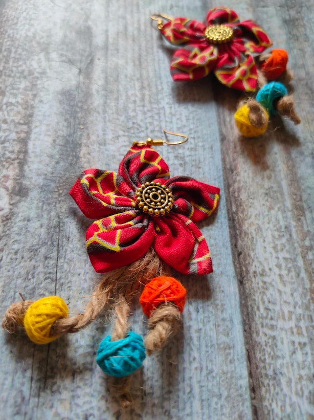 Red Flower Shaped Fabric Earrings with Jute Strings