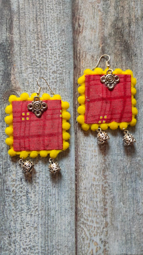 Red & Yellow Fabric Earrings with Jhumkas