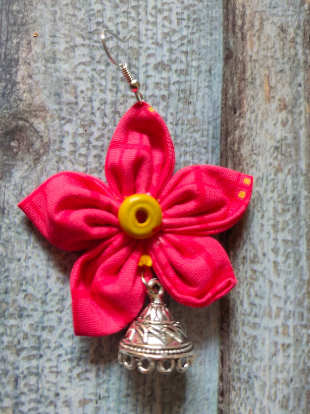 Red Flower Shaped Fabric Earrings with Jhumkas