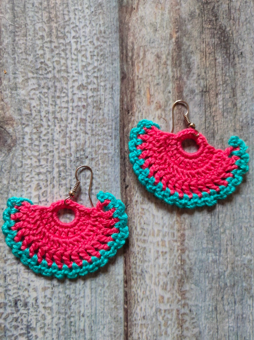 Turquoise & Pink Hand Knitted Crochet Earrings