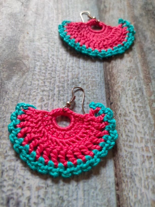 Turquoise & Pink Hand Knitted Crochet Earrings