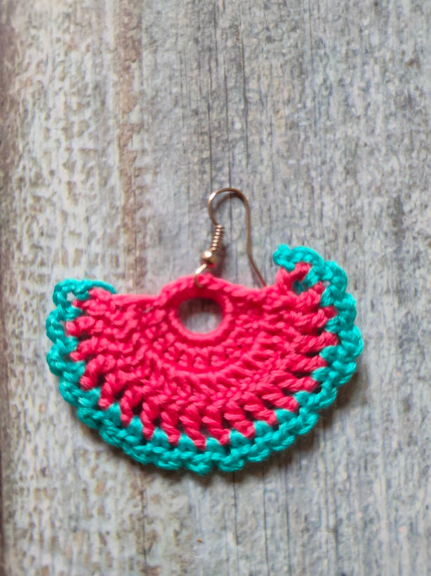 Turquoise & Pink Hand Knitted Crochet Earrings