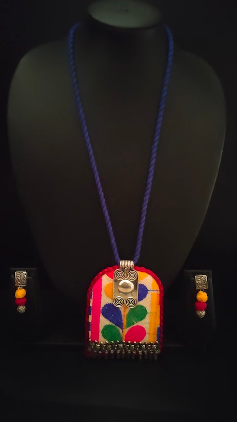 Hand Embroidered Fabric Necklace Set with Metal Accents