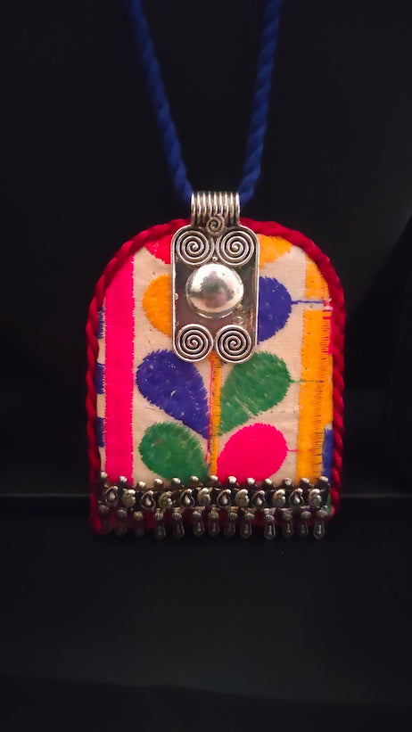 Hand Embroidered Fabric Necklace Set with Metal Accents