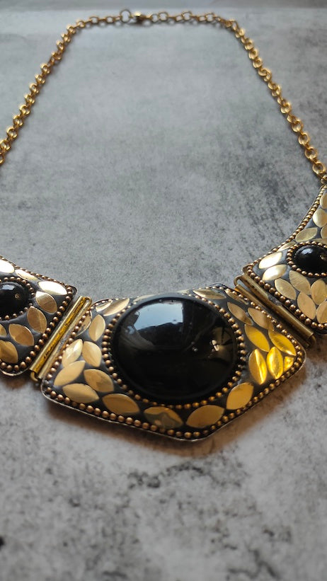 Gold Finish Statement Black Stone Tibetan Necklace