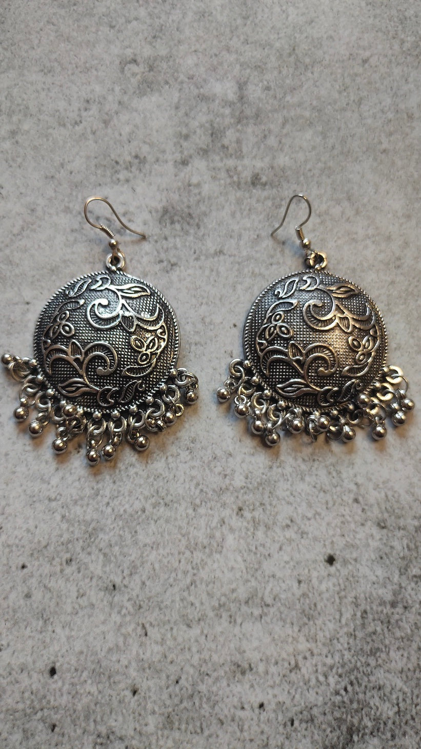 Flower Detailing Oxidised Silver Circular Metal Earrings