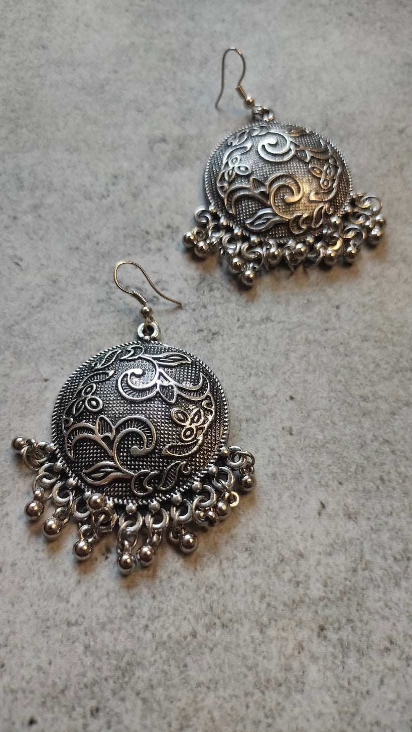 Flower Detailing Oxidised Silver Circular Metal Earrings