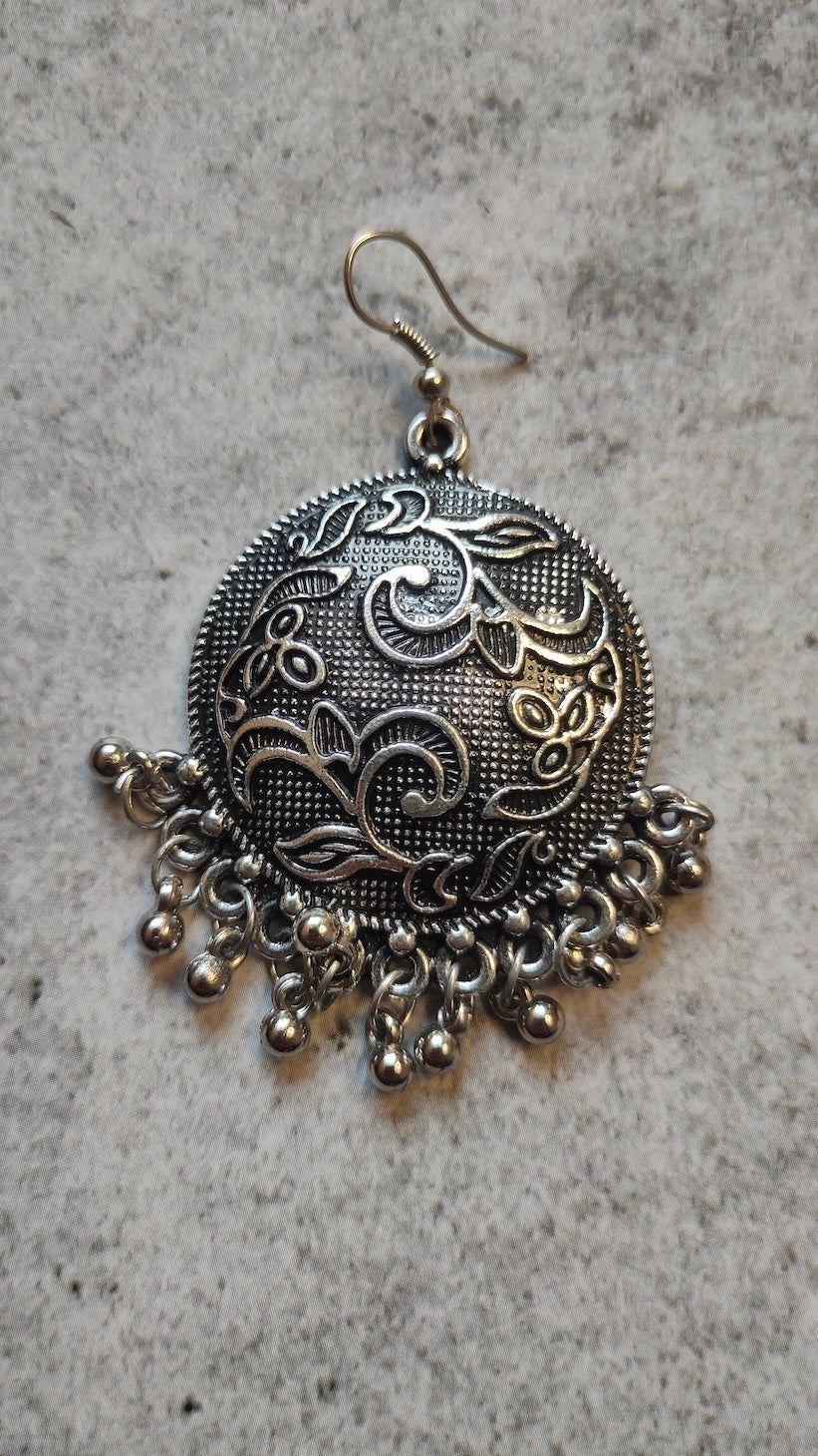 Flower Detailing Oxidised Silver Circular Metal Earrings