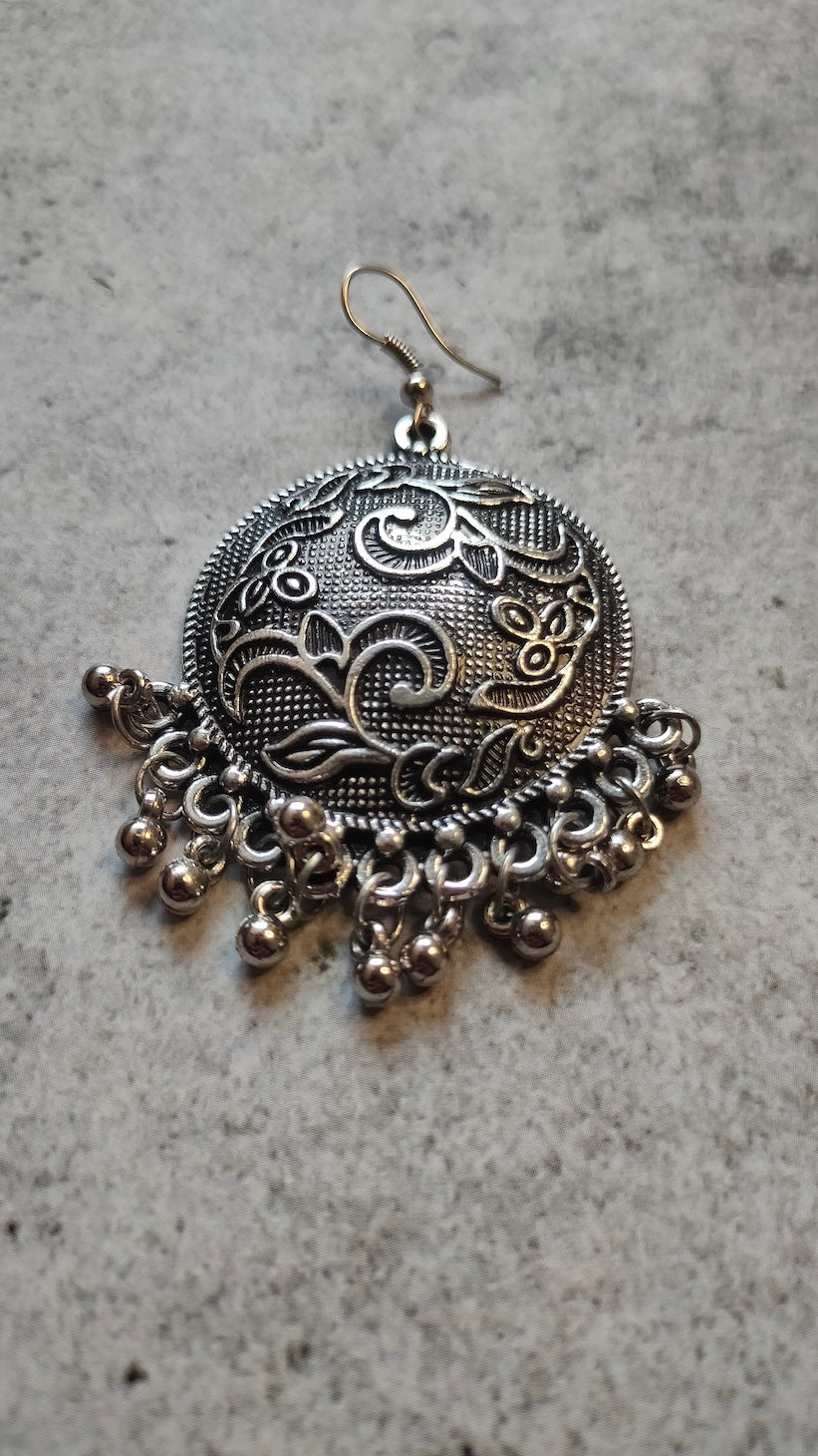 Flower Detailing Oxidised Silver Circular Metal Earrings