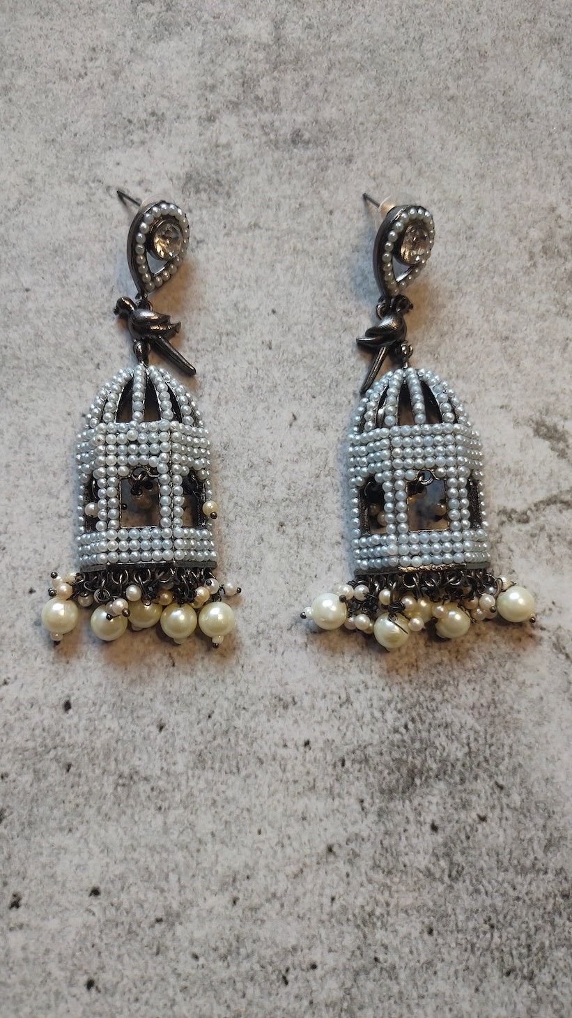 Mahal Shape Jhumka Earrings with White Beads