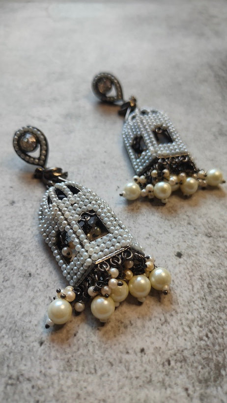 Mahal Shape Jhumka Earrings with White Beads