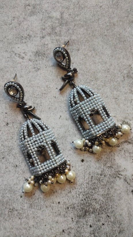 Mahal Shape Jhumka Earrings with White Beads