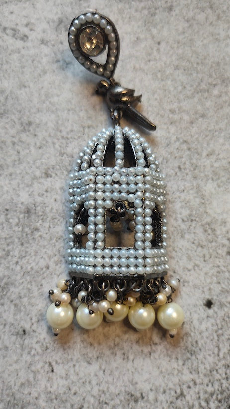 Mahal Shape Jhumka Earrings with White Beads