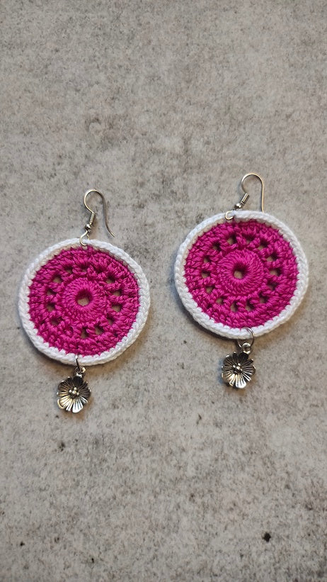 Pink and White Knitted Crochet Earrings
