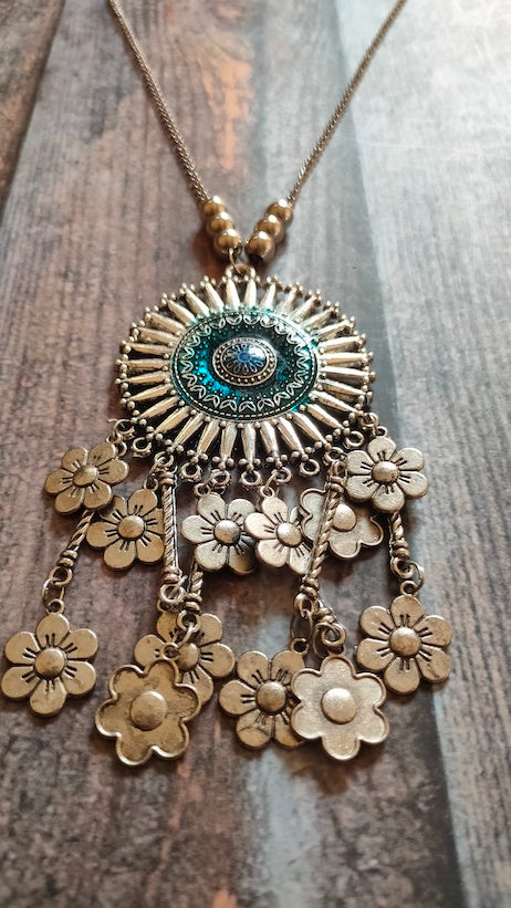 Chakra and Flower Motifs Long Chain Necklace