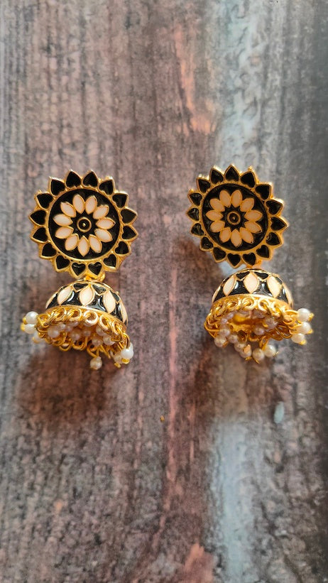Black and Off-White Meenakari Dangler Jhumka Earrings