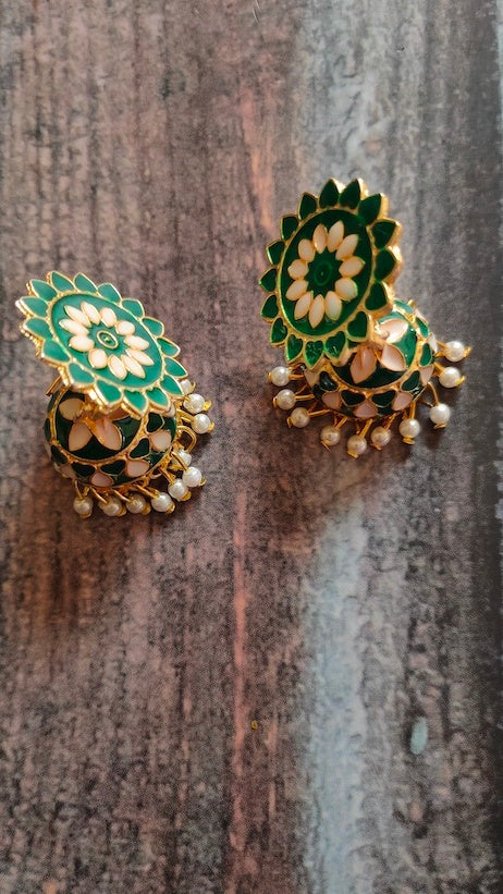 Bottle Green and Off-White Meenakari Dangler Jhumka Earrings