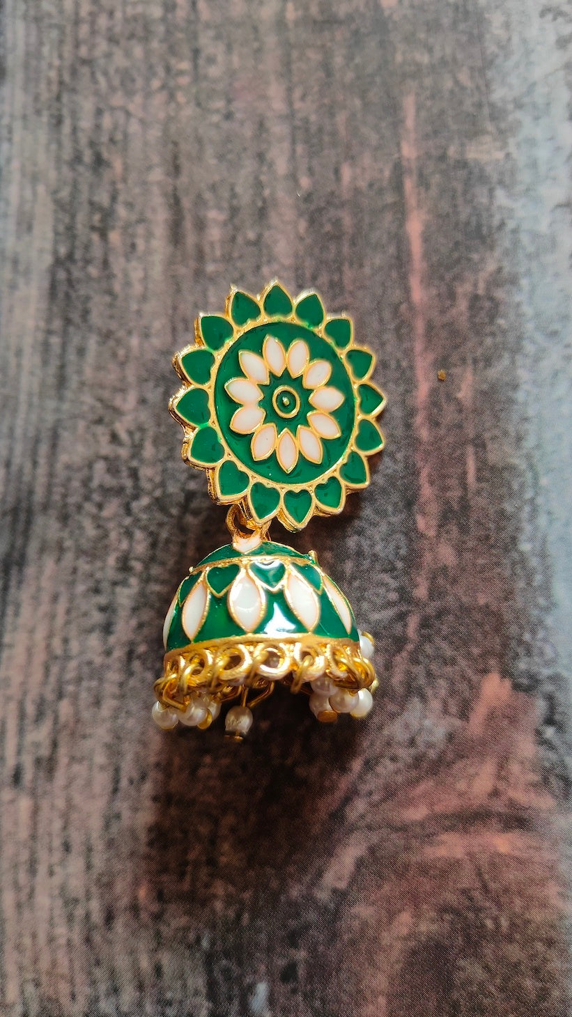 Bottle Green and Off-White Meenakari Dangler Jhumka Earrings