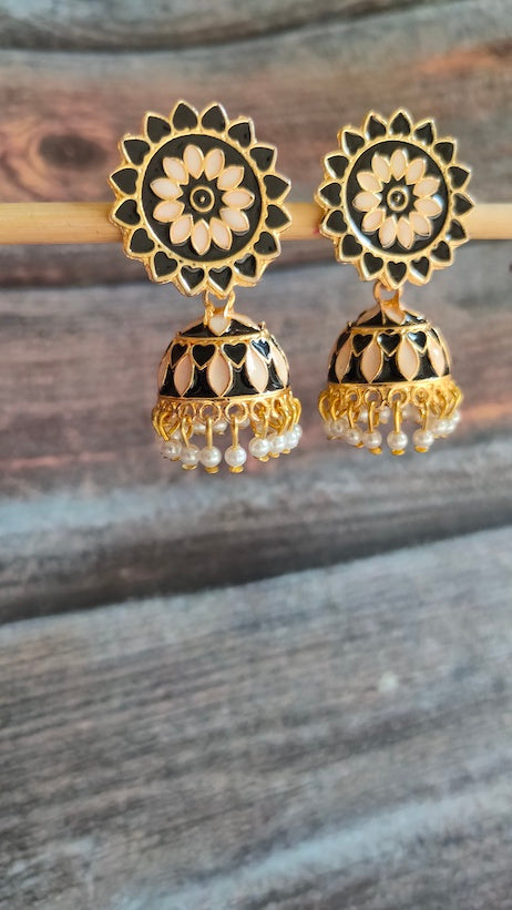Black and Off-White Meenakari Dangler Jhumka Earrings