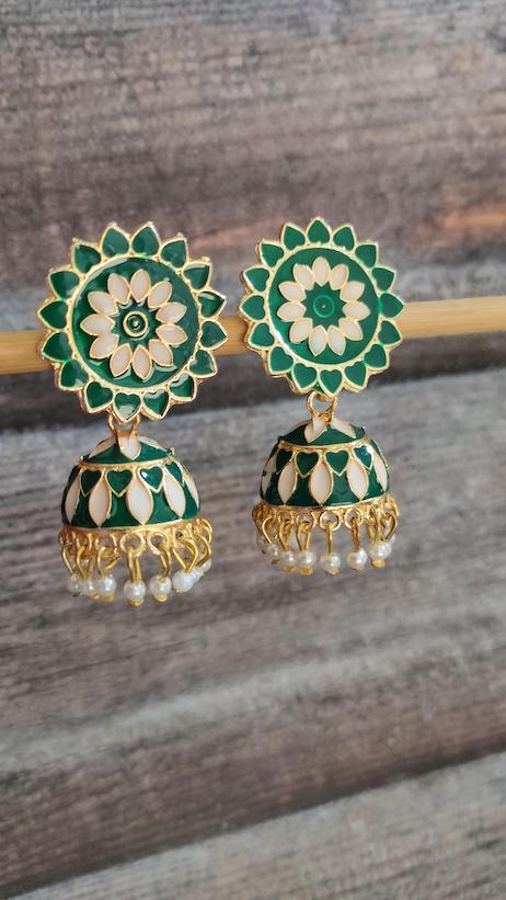Bottle Green and Off-White Meenakari Dangler Jhumka Earrings