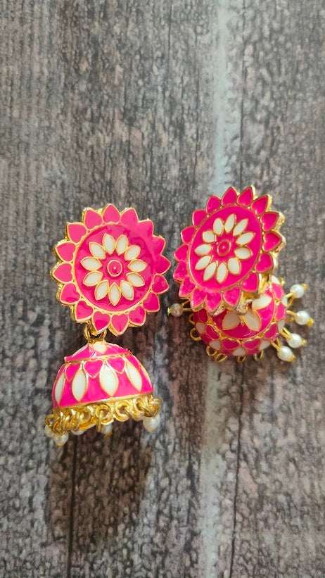 Baby Pink and Off-White Rhinestones Embedded Meenakari Dangler Jhumka Earrings