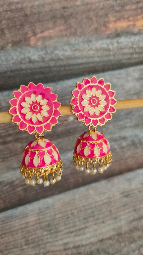 Baby Pink and Off-White Rhinestones Embedded Meenakari Dangler Jhumka Earrings