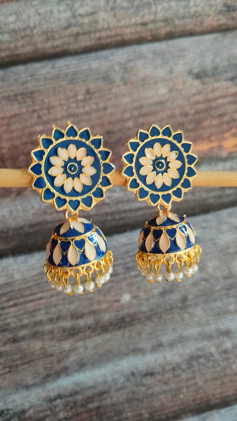 Blue and Off-White Rhinestones Embedded Meenakari Dangler Jhumka Earrings