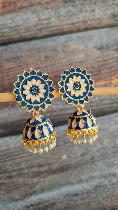 Blue and Off-White Rhinestones Embedded Meenakari Dangler Jhumka Earrings