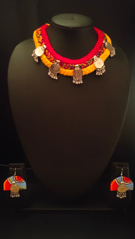 Braided Fabric Vibrant Stamped Coins Choker Necklace Set