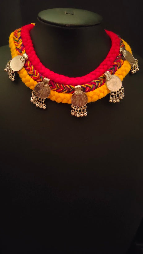 Braided Fabric Vibrant Stamped Coins Choker Necklace Set