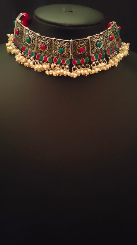 Multicolor Rhinestones Embedded Intricately Detailed Choker Necklace Set