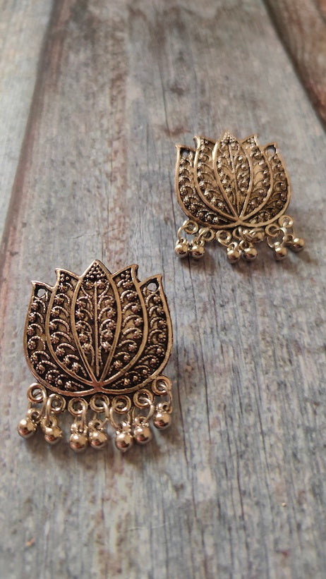 Lotus Motifs Oxidised Silver Earrings
