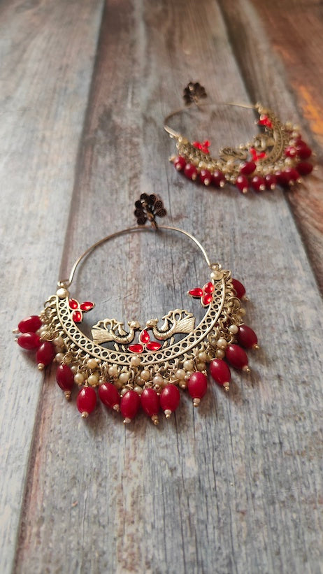 Chandbali Dangler Earrings with Peacock Motifs and Maroon Beads