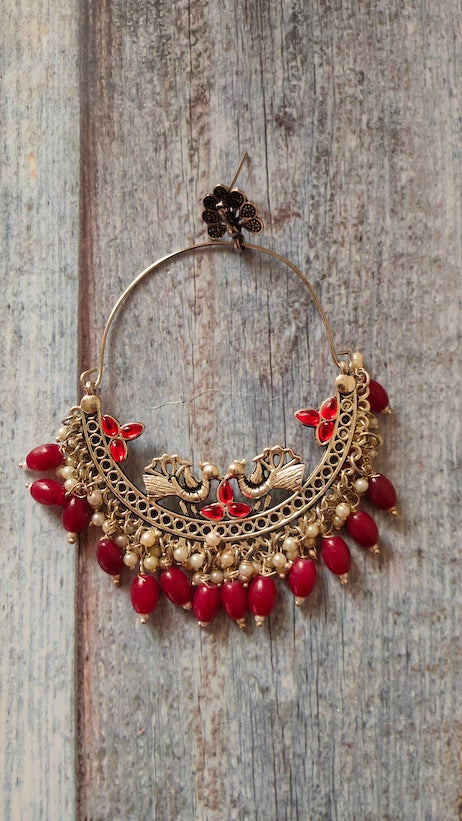 Chandbali Dangler Earrings with Peacock Motifs and Maroon Beads