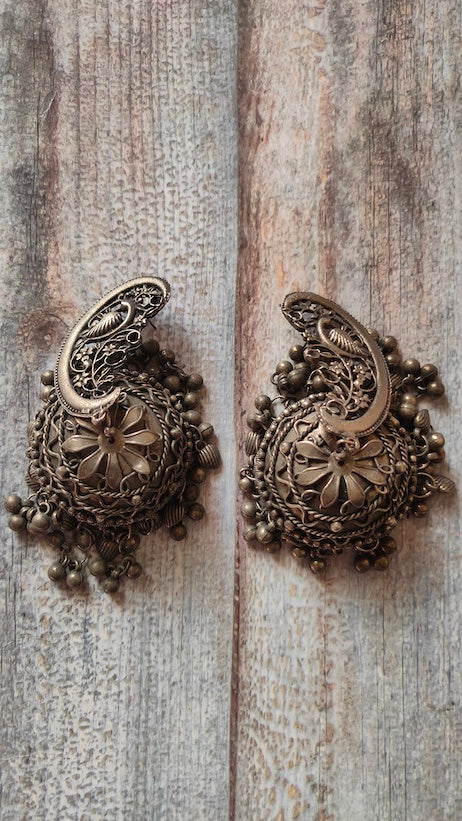 Long Oxidised Silver Jhumka Earrings