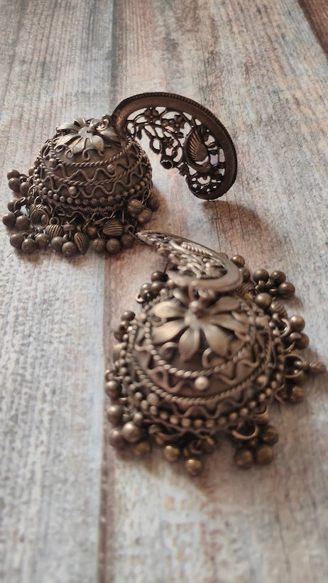 Long Oxidised Silver Jhumka Earrings