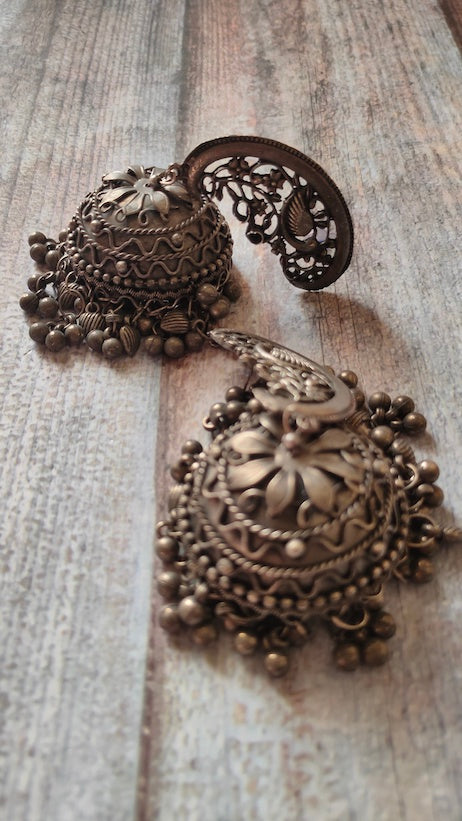 Long Oxidised Silver Jhumka Earrings